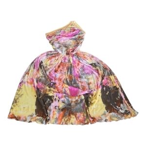 VTG Virginie Paris Watercolor Print One-Shoulder Pleated Midi‎ Dress Sz S